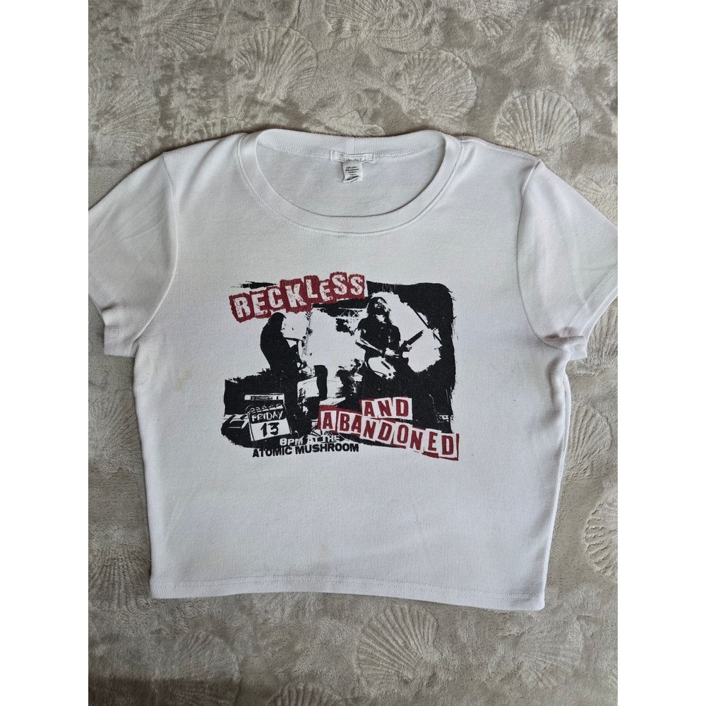 Full Tilt Reckless and Abandoned Graphic Tee White Ribbed Crop Top Small